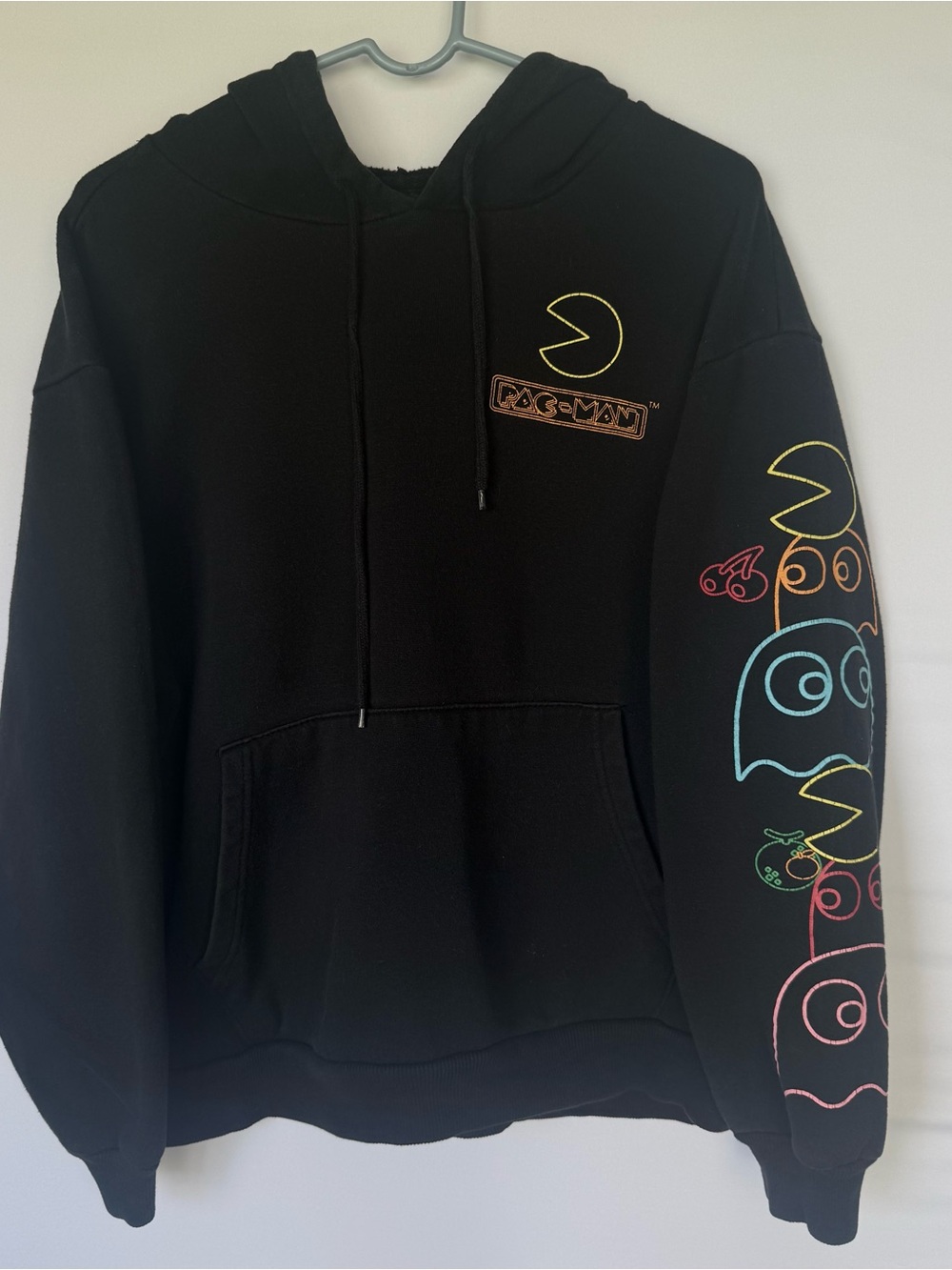 Pac-Man Vintage Black Hoodie Sweatshirt with Neon Ghost Sleeve And Full Backhit